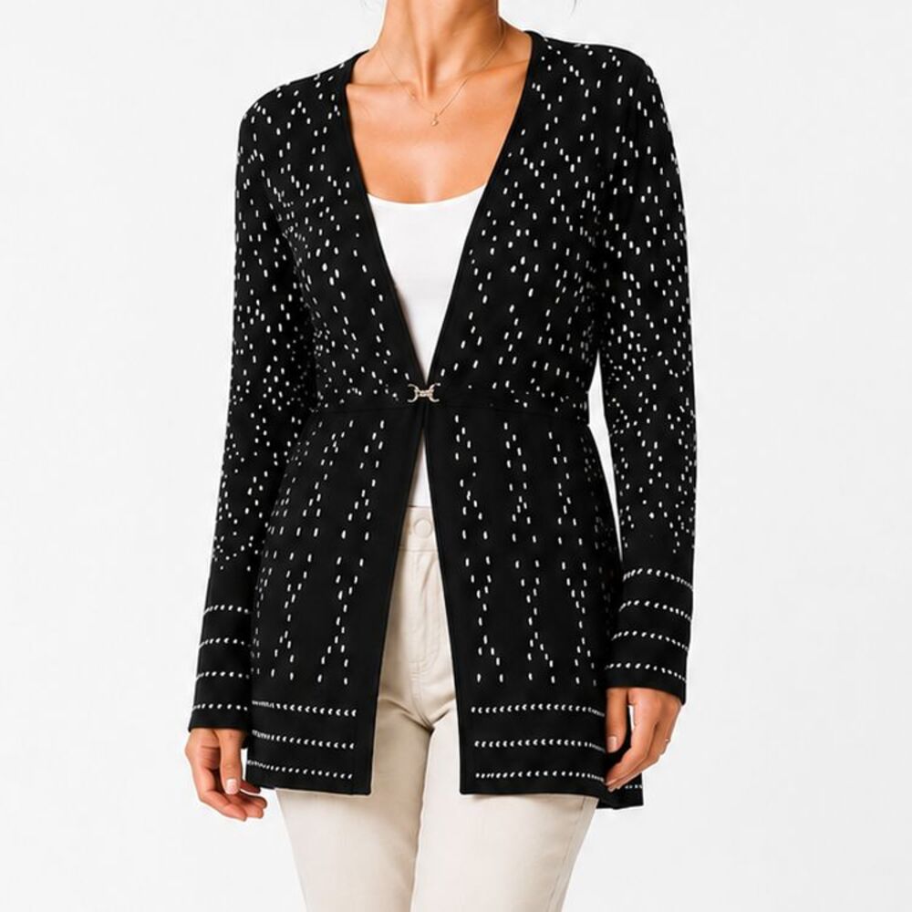 Chico's Black Label Open Front Cardigan Size 1 Black White Dotted Knit Sweater